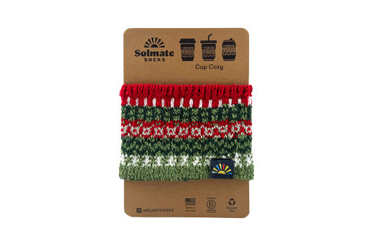 Solmate Socks festive knitted cup cozy in recycled yarn packaging
